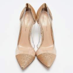 Pre Owned Gianvito Rossi Gold Glitters And PVC Plexi Pointed Toe Pumps Size 37.5