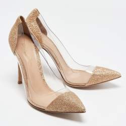 Pre Owned Gianvito Rossi Gold Glitters And PVC Plexi Pointed Toe Pumps Size 37.5
