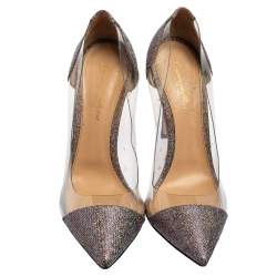 Pre Owned Gianvito Rossi Silver Shimmery Lamé Fabric and PVC Plexi Pointed Toe Pumps Size 39.5