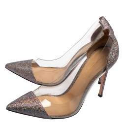 Pre Owned Gianvito Rossi Silver Shimmery Lamé Fabric and PVC Plexi Pointed Toe Pumps Size 39.5