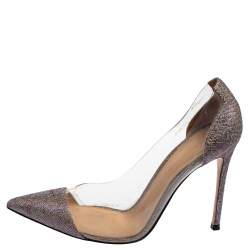 Pre Owned Gianvito Rossi Silver Shimmery Lamé Fabric and PVC Plexi Pointed Toe Pumps Size 39.5