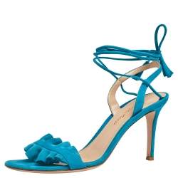 Pre Owned Gianvito Rossi Blue Suede Ankle Wrap Sandals Size 37.5