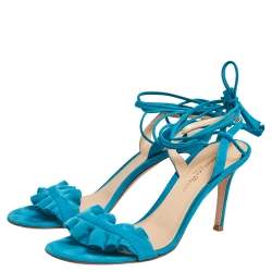 Pre Owned Gianvito Rossi Blue Suede Ankle Wrap Sandals Size 37.5