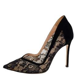 Pre Owned Gianvito Rossi Black Suede And Lace Pointed Toe Pumps Size 39.5
