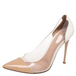 Pre Owned Gianvito Rossi Beige/White Patent Leather And PVC Plexi Pointed Toe Pumps Size 40