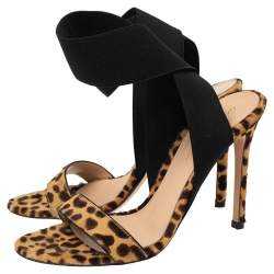 Pre Owned Gianvito Rossi Beige/Brown Leopard Print Calf Hair And Elastic Fabric Ankle Wrap Sandals Size 36
