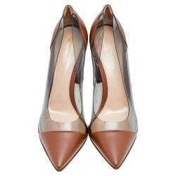 Pre Owned Gianvito Rossi Brown/Transparent Leather and PVC Pointed Toe Block Heel Pumps Size 38