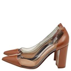 Pre Owned Gianvito Rossi Brown/Transparent Leather and PVC Pointed Toe Block Heel Pumps Size 38