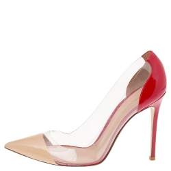 Pre Owned Gianvito Rossi Beige/Red Leather And PVC Plexi Pointed Toe Pumps Size 39