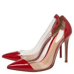 Pre Owned Gianvito Rossi Red Patent Leather and PVC Plexi Pointed-Toe Pumps Size 37.5