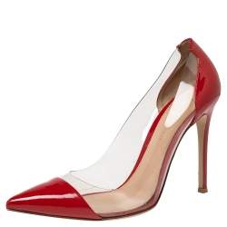Pre Owned Gianvito Rossi Red Patent Leather and PVC Plexi Pointed-Toe Pumps Size 37.5