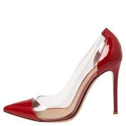 Pre Owned Gianvito Rossi Red Patent Leather and PVC Plexi Pointed-Toe Pumps Size 37.5