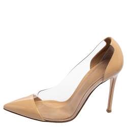 Pre Owned Gianvito Rossi Beige Patent Leather and PVC Plexi Pointed-Toe Pumps Size 37