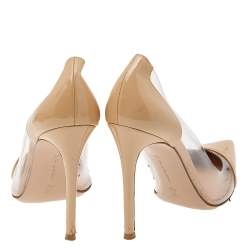 Pre Owned Gianvito Rossi Beige Patent Leather And PVC Plexi Pointed Toe Pumps Size 38