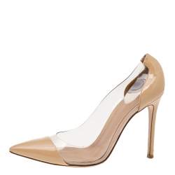 Pre Owned Gianvito Rossi Beige Patent Leather And PVC Plexi Pointed Toe Pumps Size 38