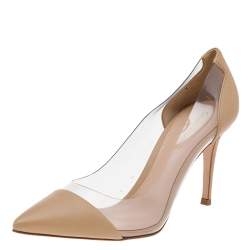 Pre Owned Gianvito Rossi Beige Leather and PVC Plexi Pointed Toe Pumps Size 38.5