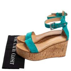 Pre Owned Gianvito Rossi Blue Suede  Cork Wedge Platform Ankle Strap Sandals Size 37