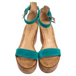 Pre Owned Gianvito Rossi Blue Suede  Cork Wedge Platform Ankle Strap Sandals Size 37