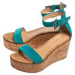 Pre Owned Gianvito Rossi Blue Suede  Cork Wedge Platform Ankle Strap Sandals Size 37