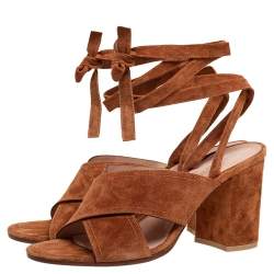 Pre Owned Gianvito Rossi Tan Suede Block Heel Ankle-Wrap Sandals Size 38