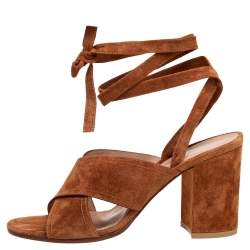 Pre Owned Gianvito Rossi Tan Suede Block Heel Ankle-Wrap Sandals Size 38