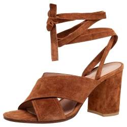 Pre Owned Gianvito Rossi Tan Suede Block Heel Ankle-Wrap Sandals Size 38