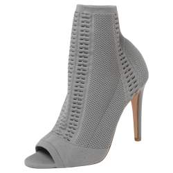 Pre Owned Gianvito Rossi Grey Knit Fabric Open-Toe Ankle Boots Size 38.5