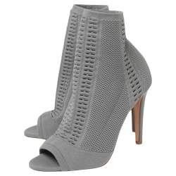 Pre Owned Gianvito Rossi Grey Knit Fabric Open-Toe Ankle Boots Size 38.5