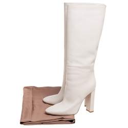 Pre Owned Gianvito Rossi White Leather Knee Block Heels Boots Size 38.5
