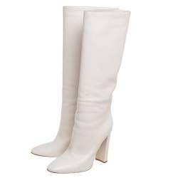 Pre Owned Gianvito Rossi White Leather Knee Block Heels Boots Size 38.5