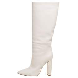 Pre Owned Gianvito Rossi White Leather Knee Block Heels Boots Size 38.5