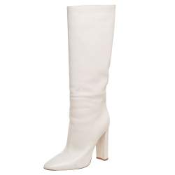 Pre Owned Gianvito Rossi White Leather Knee Block Heels Boots Size 38.5