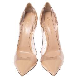 Pre Owned Gianvito Rossi Beige Patent Leather And PVC Plexi Pointed Toe Pumps Size 38.5