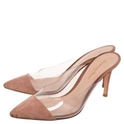 Gianvito Rossi Beige Suede and PVC Plexi Pointed Toe Mule Sandals Size 39