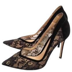 Pre Owned Gianvito Rossi Black Suede And Lace Pointed Toe Pumps Size 39.5
