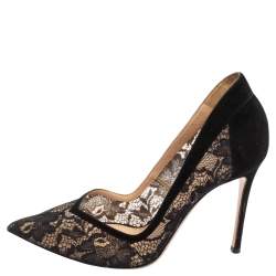 Pre Owned Gianvito Rossi Black Suede And Lace Pointed Toe Pumps Size 39.5