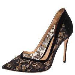 Pre Owned Gianvito Rossi Black Suede And Lace Pointed Toe Pumps Size 39.5