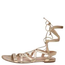 Pre Owned Gianvito Rossi Metallic Gold Leather Gladiator Ankle Length Flat Sandals Size 39