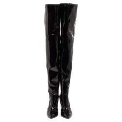 Pre Owned Gianvito Rossi Black Patent Leather Pointed-Toe Over The Knee Boots Size 37
