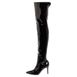 Pre Owned Gianvito Rossi Black Patent Leather Pointed-Toe Over The Knee Boots Size 37