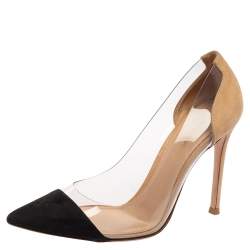 Pre Owned Gianvito Rossi Beige/Black Suede And PVC Plexi Pointed Toe Pumps Size 36.5