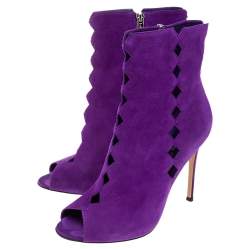 Pre Owned Gianvito Rossi Purple Suede Diamond Cut-Out Peep-Toe Ankle Booties Size 39