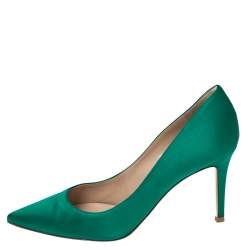Pre Owned Gianvito Rossi Bottle Green Satin Pointed-Toe Pumps Size 38.5