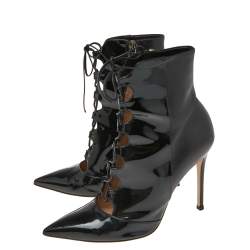 Pre Owned Gianvito Rossi Black Patent and Leather Lace-Up Ankle Booties Size 39