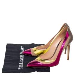 Pre Owned Gianvito Rossi Tri-Color Metallic Leather and Mesh Paneled Pointed-Toe Pumps Size 38.5