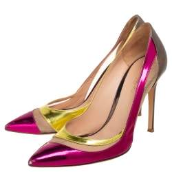 Pre Owned Gianvito Rossi Tri-Color Metallic Leather and Mesh Paneled Pointed-Toe Pumps Size 38.5