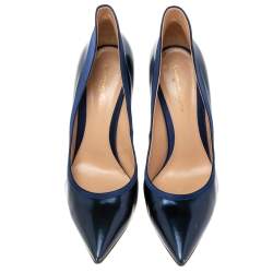 Pre Owned Gianvito Rossi Metallic Blue Patent And Satin Pointed Toe Pumps Size 41