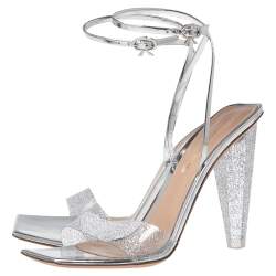 Pre Owned Gianvito Rossi Silver Leather And PVC Ankle Wrap Sandals Size 39