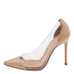Pre Owned Gianvito Rossi Beige Patent Leather And PVC Plexi Pointed Toe Pumps Size 37