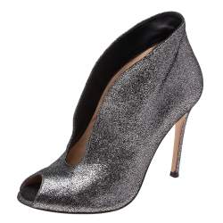 Pre Owned Gianvito Rossi Grey/Black Laminated Suede Vamp Peep-Toe Ankle Booties Size 38